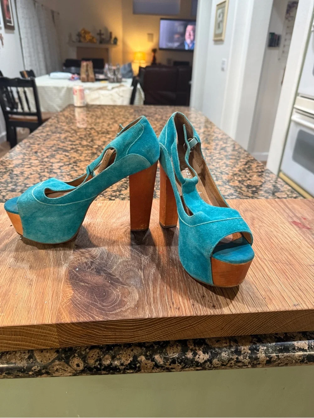 Jeffrey Campbell Turquoise Suede Platform Peep-Toe Heels